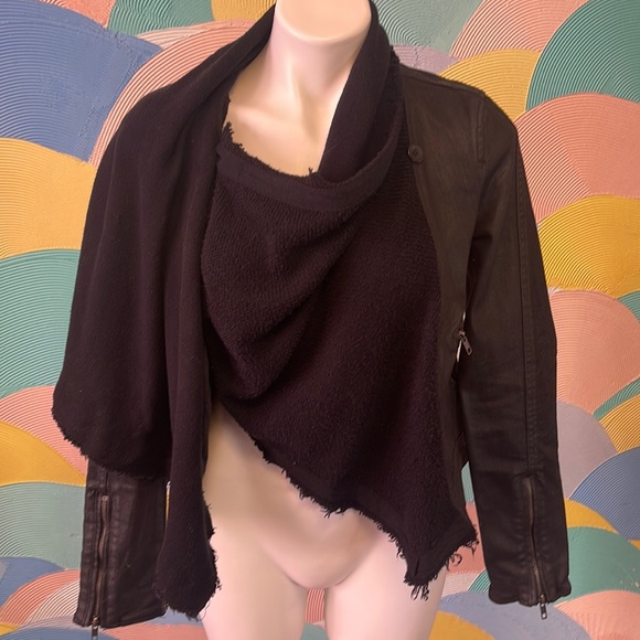 Free People Black vegan Leather denim Jacket with Shawl worn two ways sz2 - Picture 6 of 9